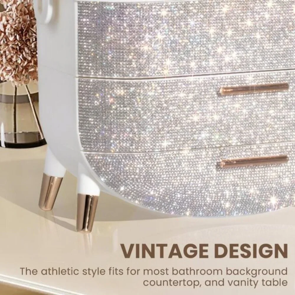 Oval Egg-Shaped Makeup Storage Box, Portable Vanity Organizer - Rhinestone White